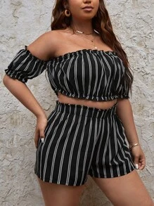 SHEIN VCAY Plus Striped Off Shoulder Frill Trim Crop Top & Shorts - Black and White - View 4