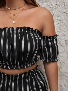 SHEIN VCAY Plus Striped Off Shoulder Frill Trim Crop Top & Shorts - Black and White - View 5