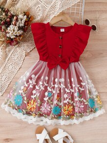 Toddler Girls Floral Embroidery Ruffle Trim Bow Front Dress - Burgundy - View 1