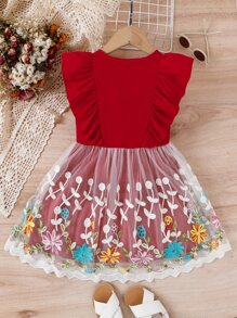Toddler Girls Floral Embroidery Ruffle Trim Bow Front Dress - Burgundy - View 2