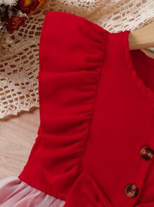 Toddler Girls Floral Embroidery Ruffle Trim Bow Front Dress - Burgundy - View 3