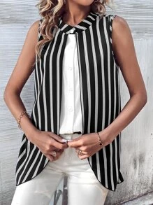 SHEIN LUNE Vertical Striped Button Up Sleeveless Shirt - Black and White - View 1