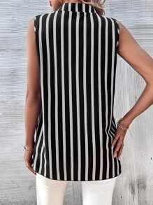 SHEIN LUNE Vertical Striped Button Up Sleeveless Shirt - Black and White - View 2