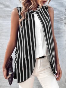 SHEIN LUNE Vertical Striped Button Up Sleeveless Shirt - Black and White - View 6