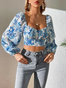SHEIN VCAY Floral Print Lantern Sleeve Crop Blouse - Blue and White - View 5
