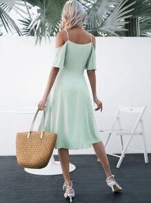SHEIN VCAY Cold Shoulder Button Front Dress - Green - View 2