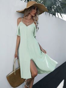 SHEIN VCAY Cold Shoulder Button Front Dress - Green - View 3