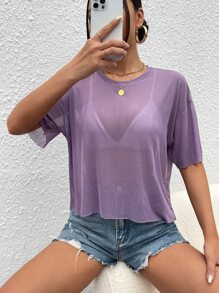 SHEIN PETITE 落肩袖透視網紗上衣不附文胸 - 淡紫色 - 查看 1
