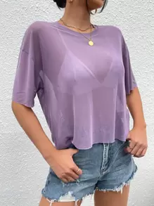 SHEIN PETITE 落肩袖透視網紗上衣不附文胸 - 淡紫色 - 查看 3