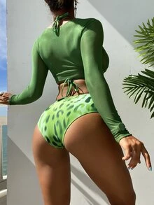 3packs Leopard Halter Triangle High Waist Summer Beach Bikini Set - Green - View 2