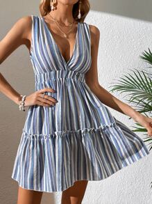 SHEIN VCAY Vertical Striped Ruffle Hem Dress - Multicolor - View 5