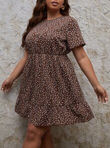 SHEIN Unity Plus Ditsy Floral A-line Dress - Chocolate Brown - View 5