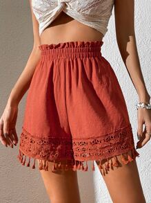 SHEIN VCAY Tassel Trim Wide Leg Shorts - Rust Brown - View 3
