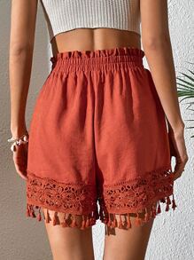 SHEIN VCAY Tassel Trim Wide Leg Shorts - Rust Brown - View 2