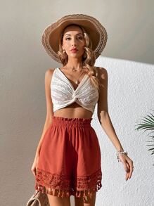 SHEIN VCAY Tassel Trim Wide Leg Shorts - Rust Brown - View 4
