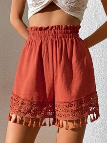 SHEIN VCAY Tassel Trim Wide Leg Shorts - Rust Brown - View 5