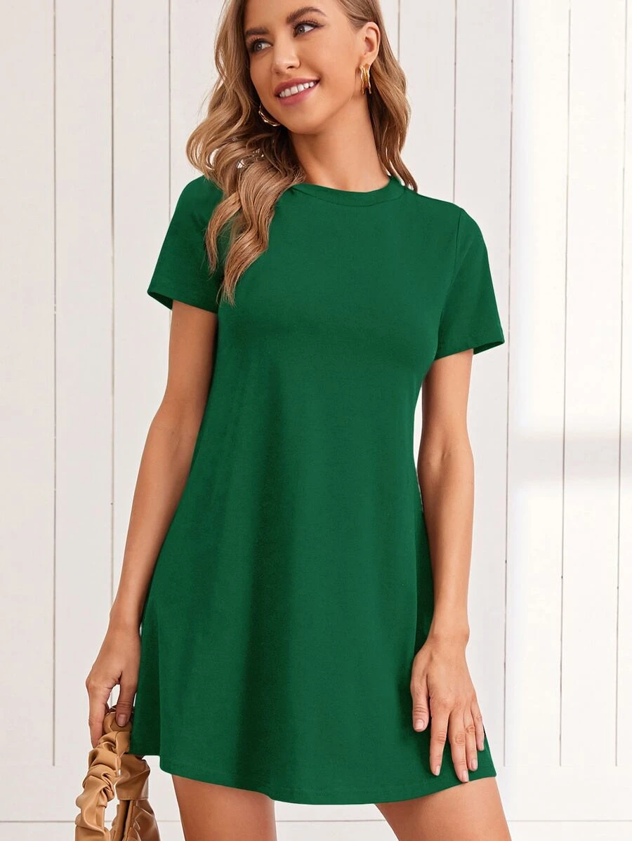 SHEIN LUNE Solid Round Neck Tee Dress - Green - View 1