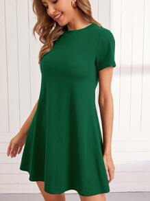 SHEIN LUNE Solid Round Neck Tee Dress - Green - View 3