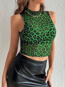 SHEIN Tall Leopard Print Mock Neck Mesh Tank Top - Green - View 4
