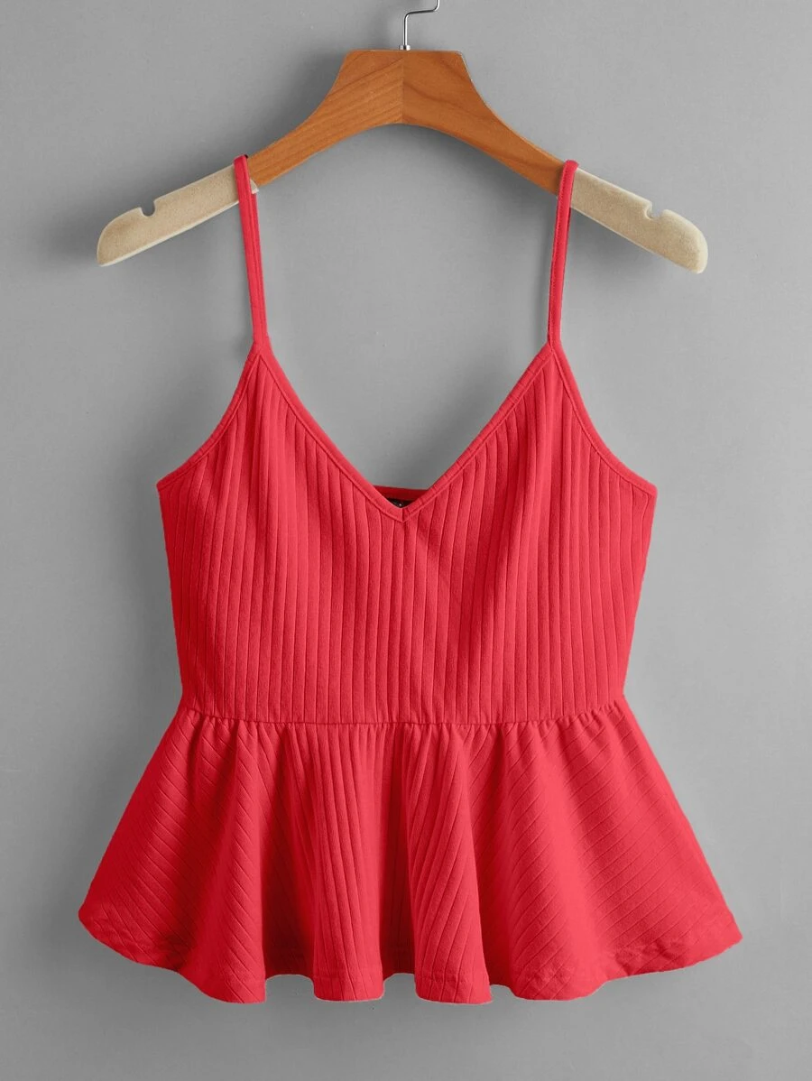 Soleia Rib-knit Ruffle Hem Cami Top - Red - View 1