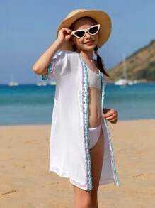 Girls Contrast Trim Open Front Kimono - White - View 4