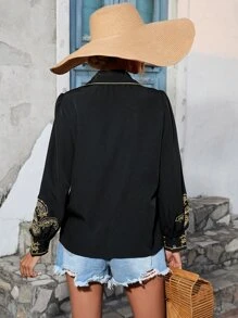 SHEIN VCAY Floral Embroidery Lantern Sleeve Button Front Shirt - Black - View 2