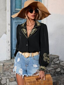 SHEIN VCAY Floral Embroidery Lantern Sleeve Button Front Shirt - Black - View 3