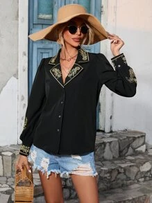 SHEIN VCAY Floral Embroidery Lantern Sleeve Button Front Shirt - Black - View 4
