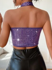 SHEIN BAE 露背短款亮片掛脖上衣 - 紫色 - 查看 2