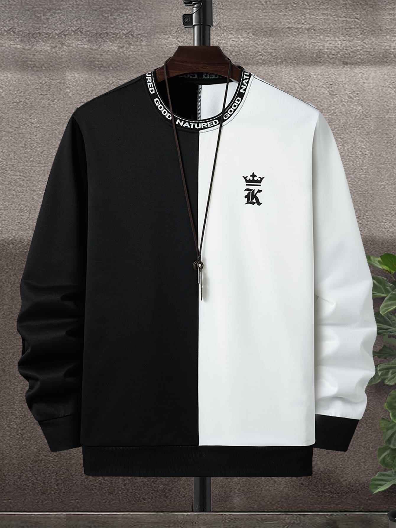 Manfinity Homme 男士字母图案长袖休闲拼色双色运动衫（不带项链）秋季 - 黑與白 - 查看 1