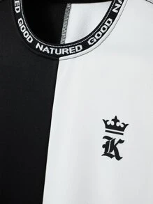 Manfinity Homme 男士字母图案长袖休闲拼色双色运动衫（不带项链）秋季 - 黑與白 - 查看 4