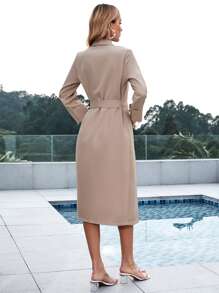 GENKIRA Shawl Collar Knot Side Wrap Dress - Khaki - View 2