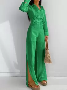 EURMUSE Damska odzież dwuczęściowa Ściągacz Pomarszczona Wycięcie Guziki z przodu Prosty Casual