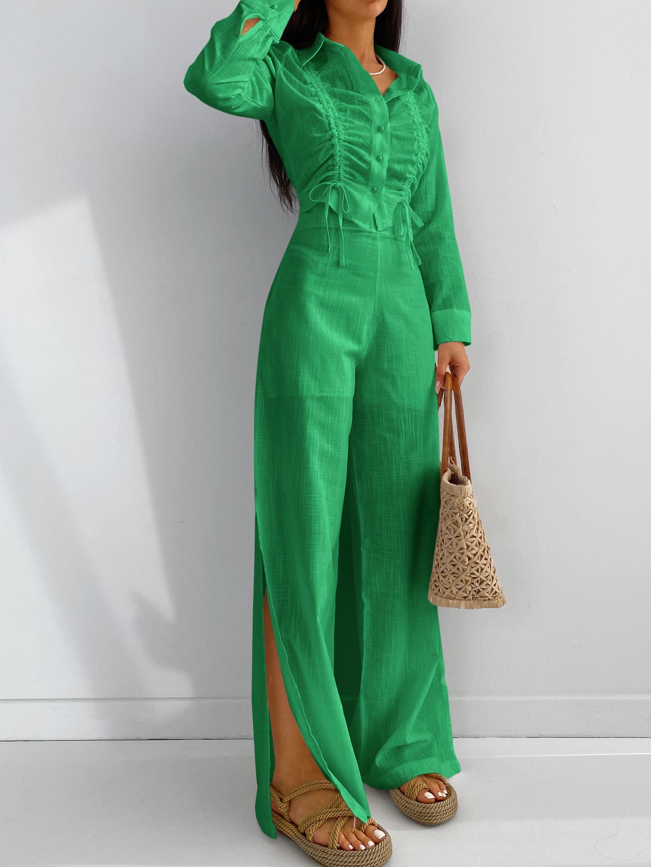 EURMUSE Damska odzież dwuczęściowa Ściągacz Pomarszczona Wycięcie Guziki z przodu Prosty Casual