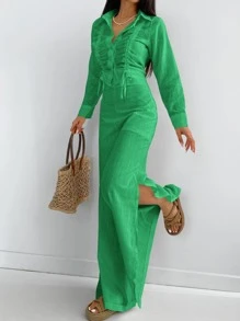 EURMUSE Damska odzież dwuczęściowa Ściągacz Pomarszczona Wycięcie Guziki z przodu Prosty Casual