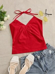 SHEIN EZwear Áo hai dây Thắt nút Xù màu trơn Giải trí - Đỏ - Xem 1