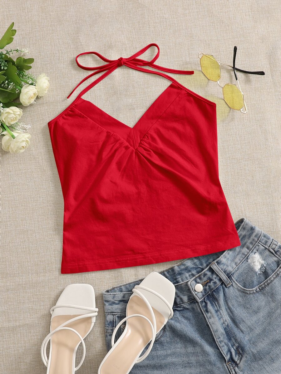 SHEIN EZwear Áo hai dây Thắt nút Xù màu trơn Giải trí - Đỏ - Xem 1