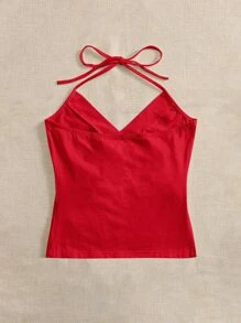 SHEIN EZwear Áo hai dây Thắt nút Xù màu trơn Giải trí - Đỏ - Xem 2