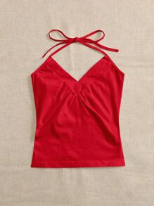 SHEIN EZwear Áo hai dây Thắt nút Xù màu trơn Giải trí - Đỏ - Xem 3