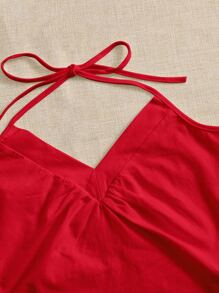 SHEIN EZwear Áo hai dây Thắt nút Xù màu trơn Giải trí - Đỏ - Xem 4