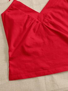 SHEIN EZwear Áo hai dây Thắt nút Xù màu trơn Giải trí - Đỏ - Xem 5