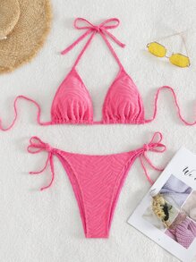 Summer Textured Bikini Set Halter Triangle Bra & Tie Side Bottom 2 Pieces Bathing Suit - Pink - View 1