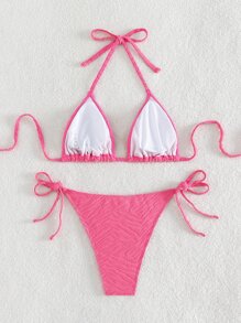 Summer Textured Bikini Set Halter Triangle Bra & Tie Side Bottom 2 Pieces Bathing Suit - Pink - View 2