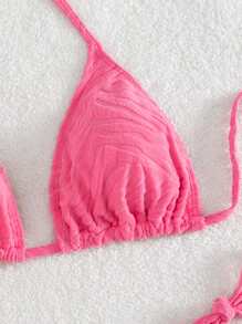 Summer Textured Bikini Set Halter Triangle Bra & Tie Side Bottom 2 Pieces Bathing Suit - Pink - View 4