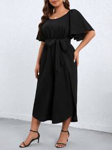 SHEIN Clasi Plus Butterfly Sleeve Belted Jumpsuit - Black - View 4