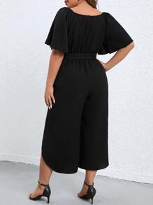 SHEIN Clasi Plus Butterfly Sleeve Belted Jumpsuit - Black - View 2