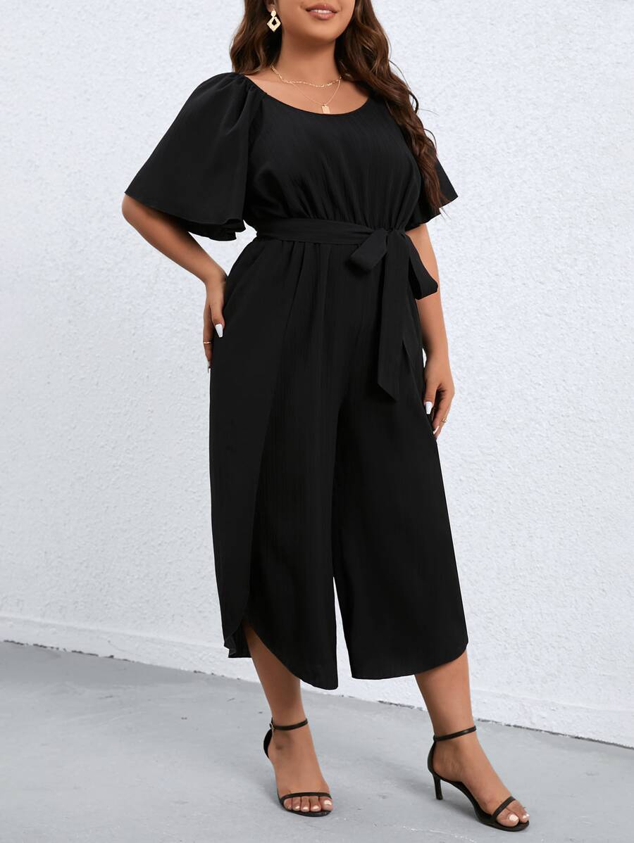 SHEIN Clasi Plus Butterfly Sleeve Belted Jumpsuit - Black - View 1