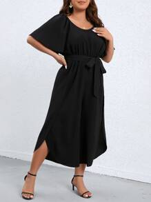SHEIN Clasi Plus Butterfly Sleeve Belted Jumpsuit - Black - View 5