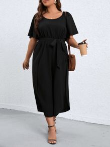 SHEIN Clasi Plus Butterfly Sleeve Belted Jumpsuit - Black - View 6
