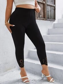 Calvaya Plus Laser Cut Solid Leggings - Black - View 5